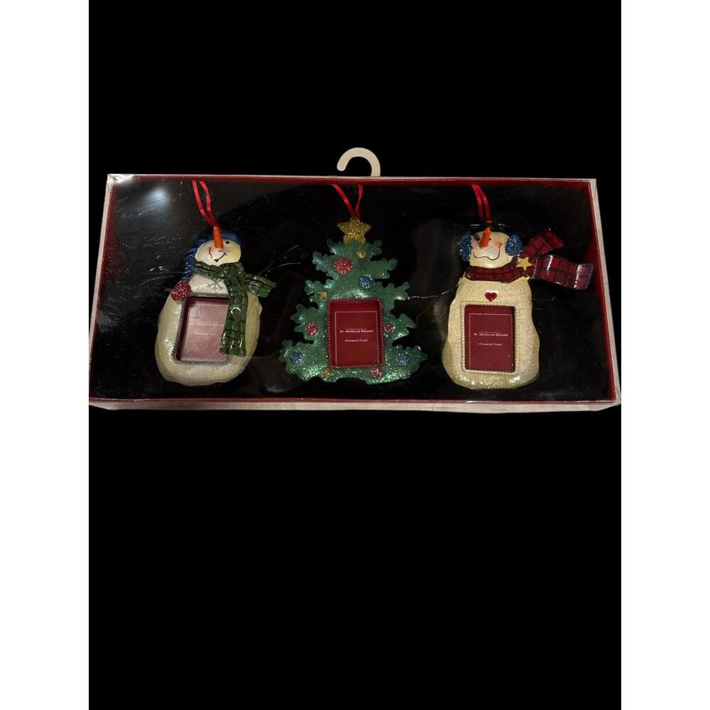Christmas Photo Frame Ornaments 3pc Snowman Tree Glitter Hanging Holiday Set New